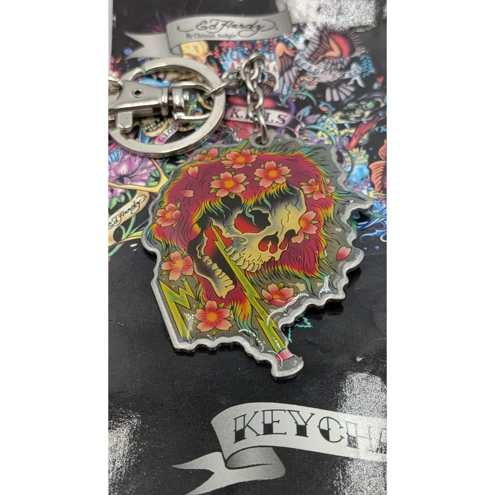 ed hardy by christian audigier Ghost Keychain New Skull Flower Design Y2k Vtg